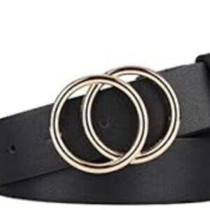 Black Faux Leather Women's Belt w Gold Double O Ring Closure Size M EUC